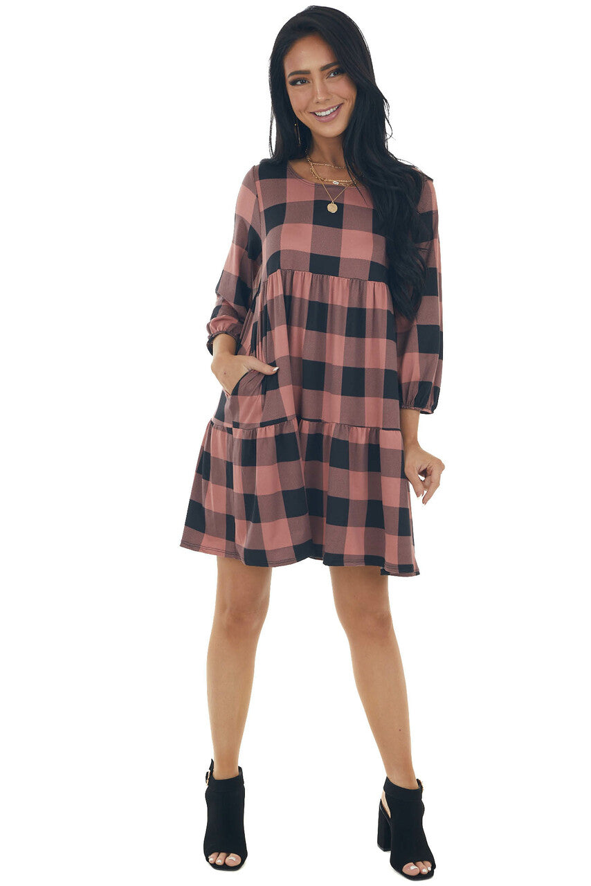 Marsala Buffalo Plaid Long Bubble Sleeve Dress