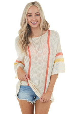 Desert Sand Striped Loose Sweater with Half Length Sleeves 