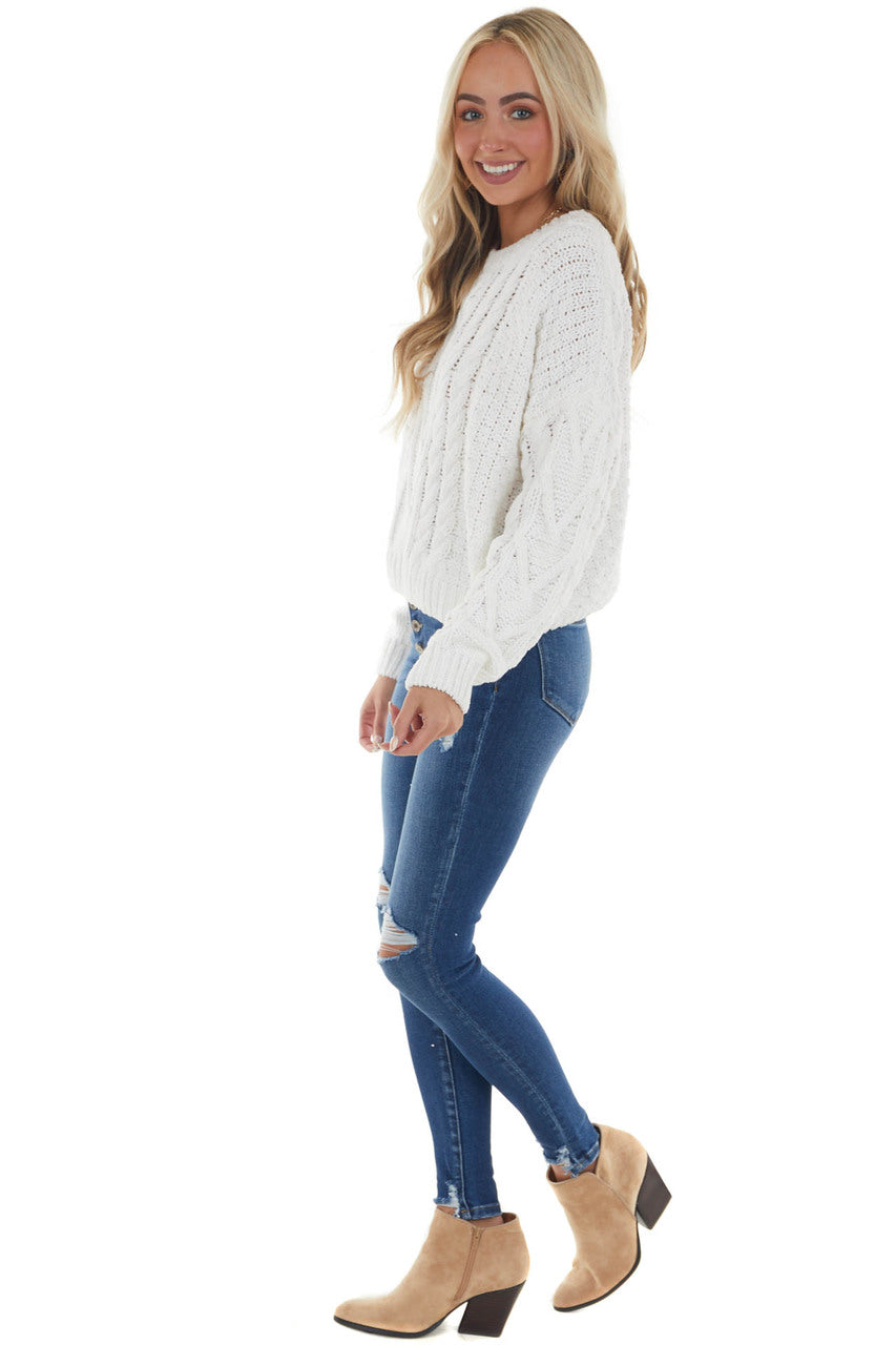 Vanilla Slight Crop Cable Knit Sweater 