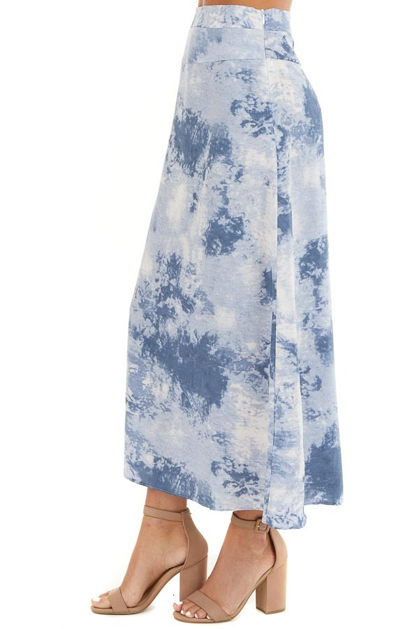 Dusty Blue Tie Dye High Rise Midi Skirt with Rounded Hemline side view