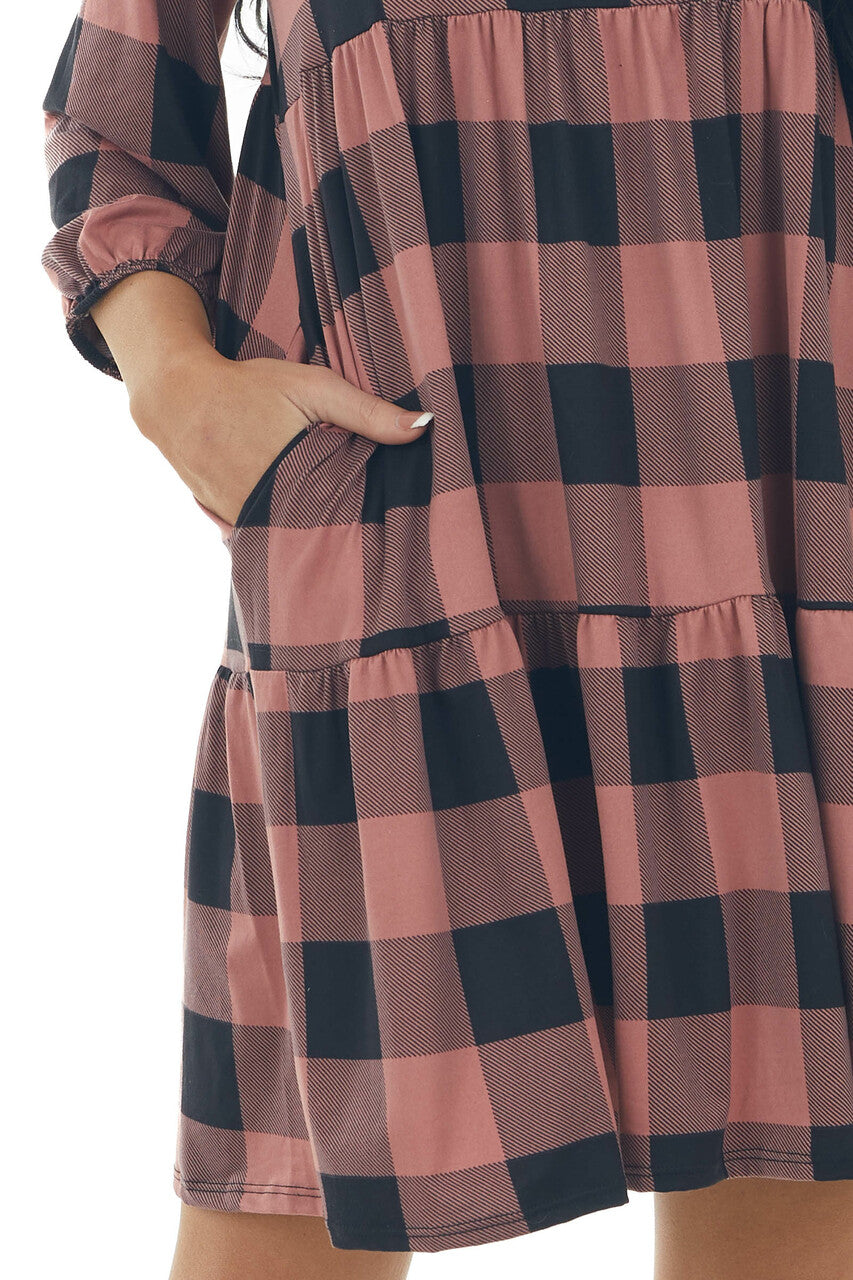 Marsala Buffalo Plaid Long Bubble Sleeve Dress
