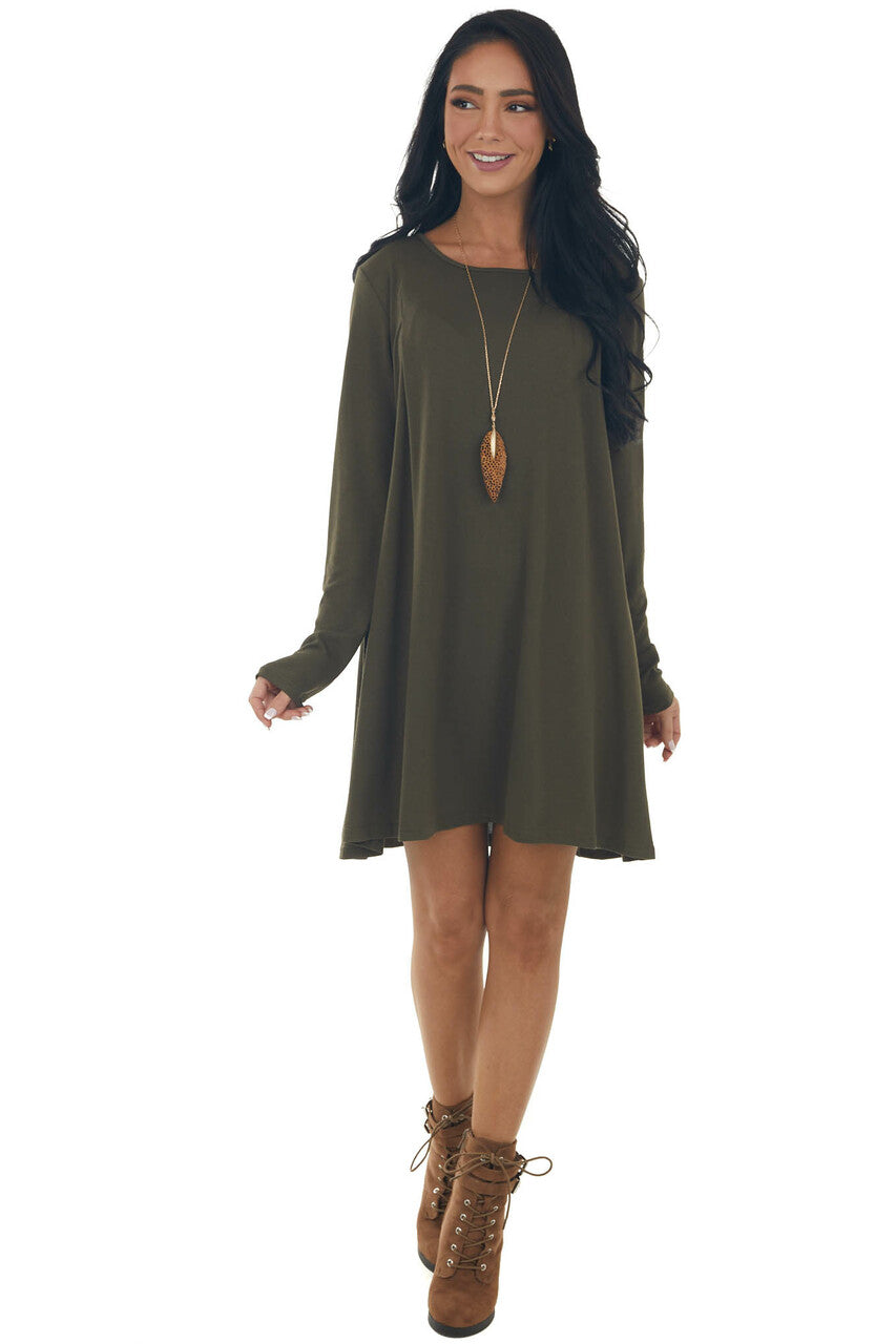 Olive Knit Long Sleeve Swing Dress