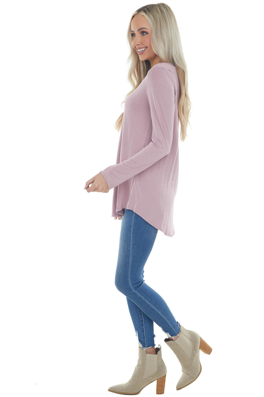 Mauve Rounded Hem V Neck Soft Knit Top 