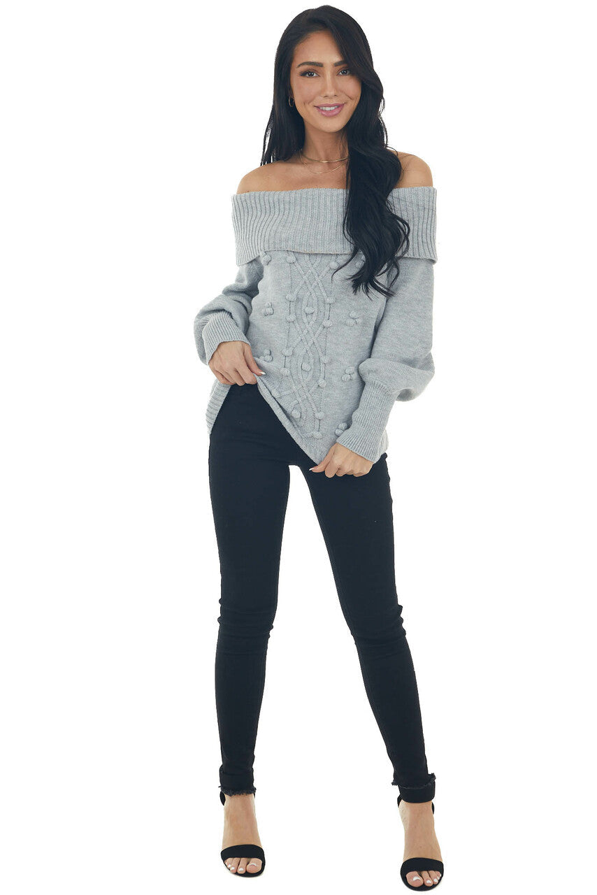 Dove Grey Off Shoulder Pom Pom Detail Sweater 