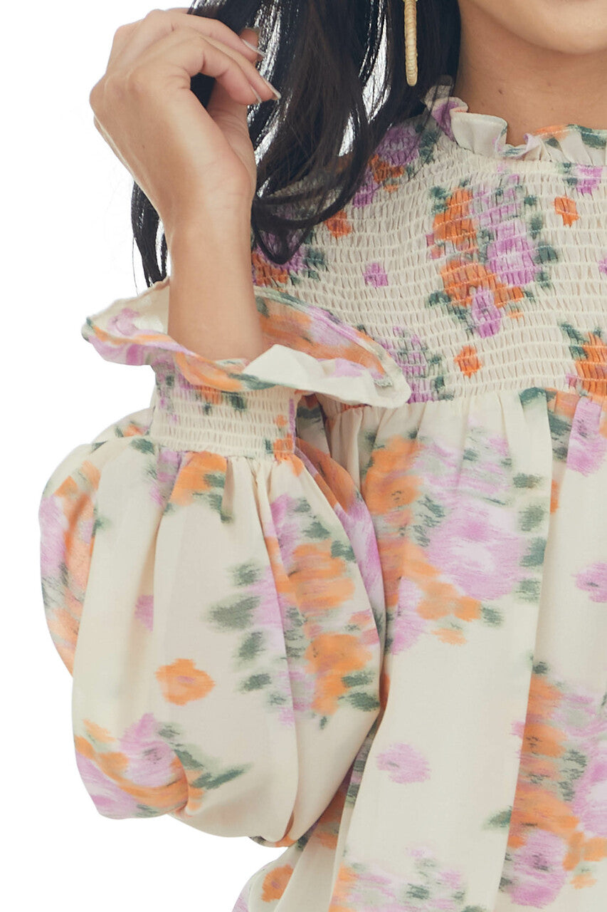 Light Sand Floral Print Smocked Yoke Blouse