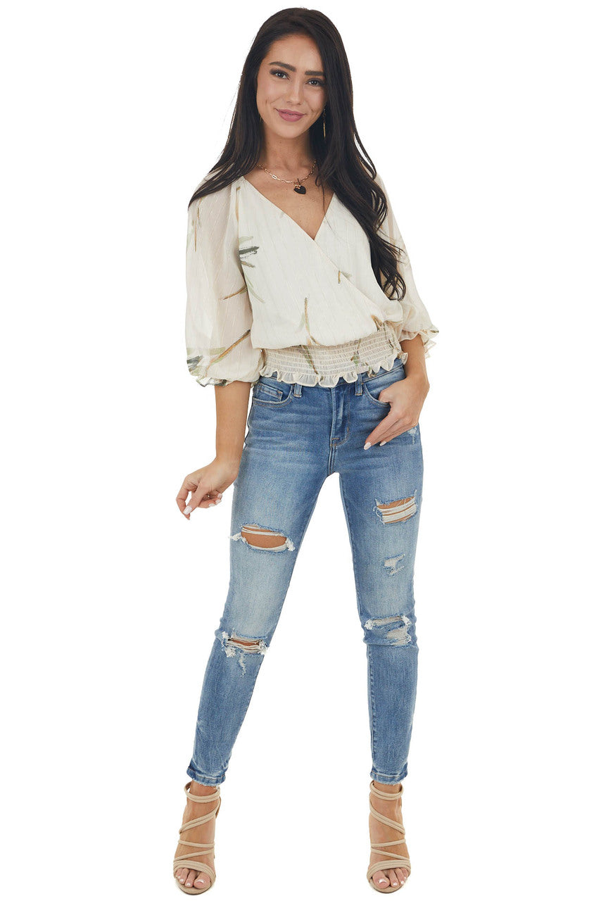 Vanilla Woven Surplice Top with Abstract Leaf Details