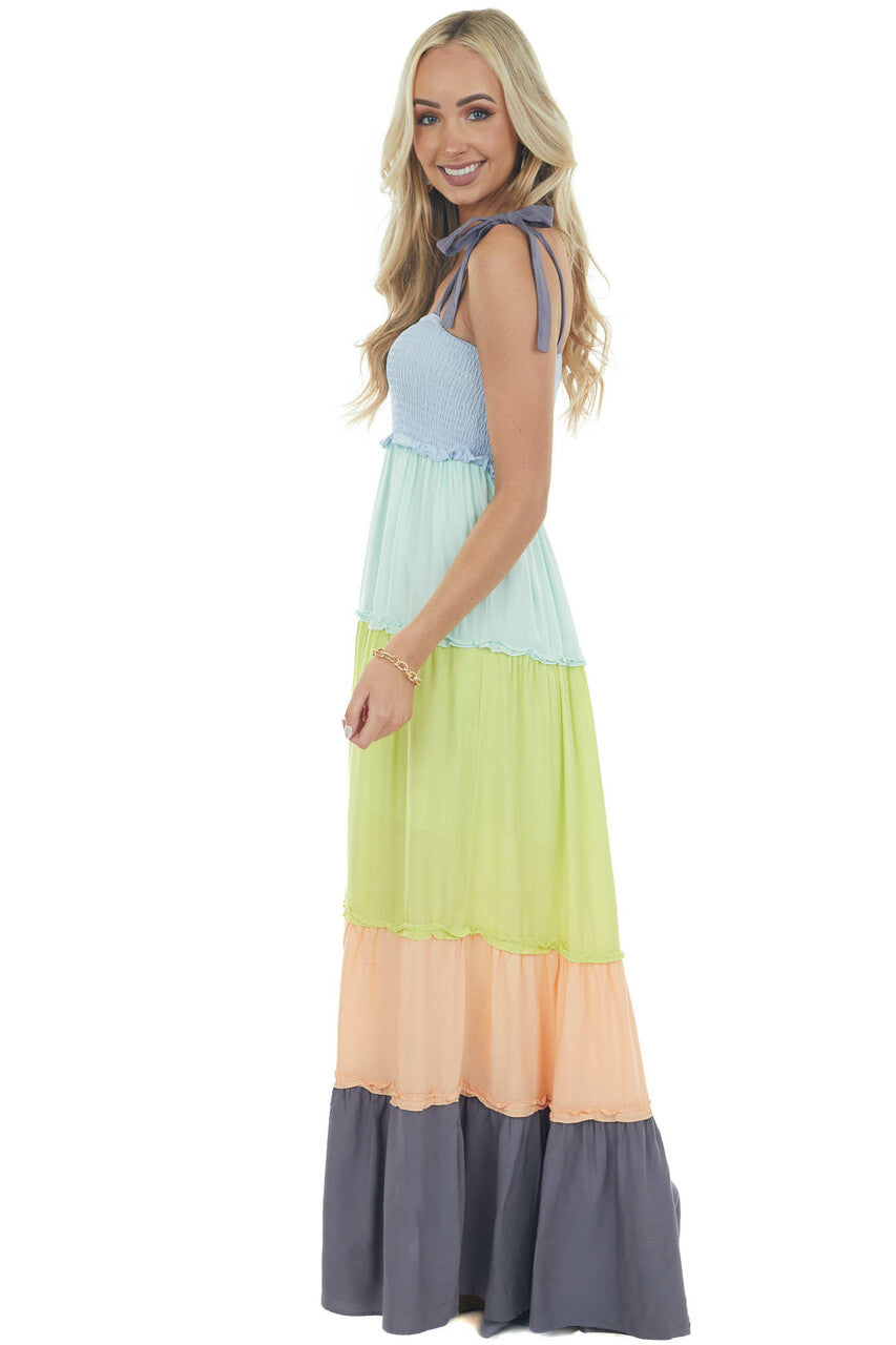 Aqua Colorblock Tiered Maxi Dress with Tie Straps