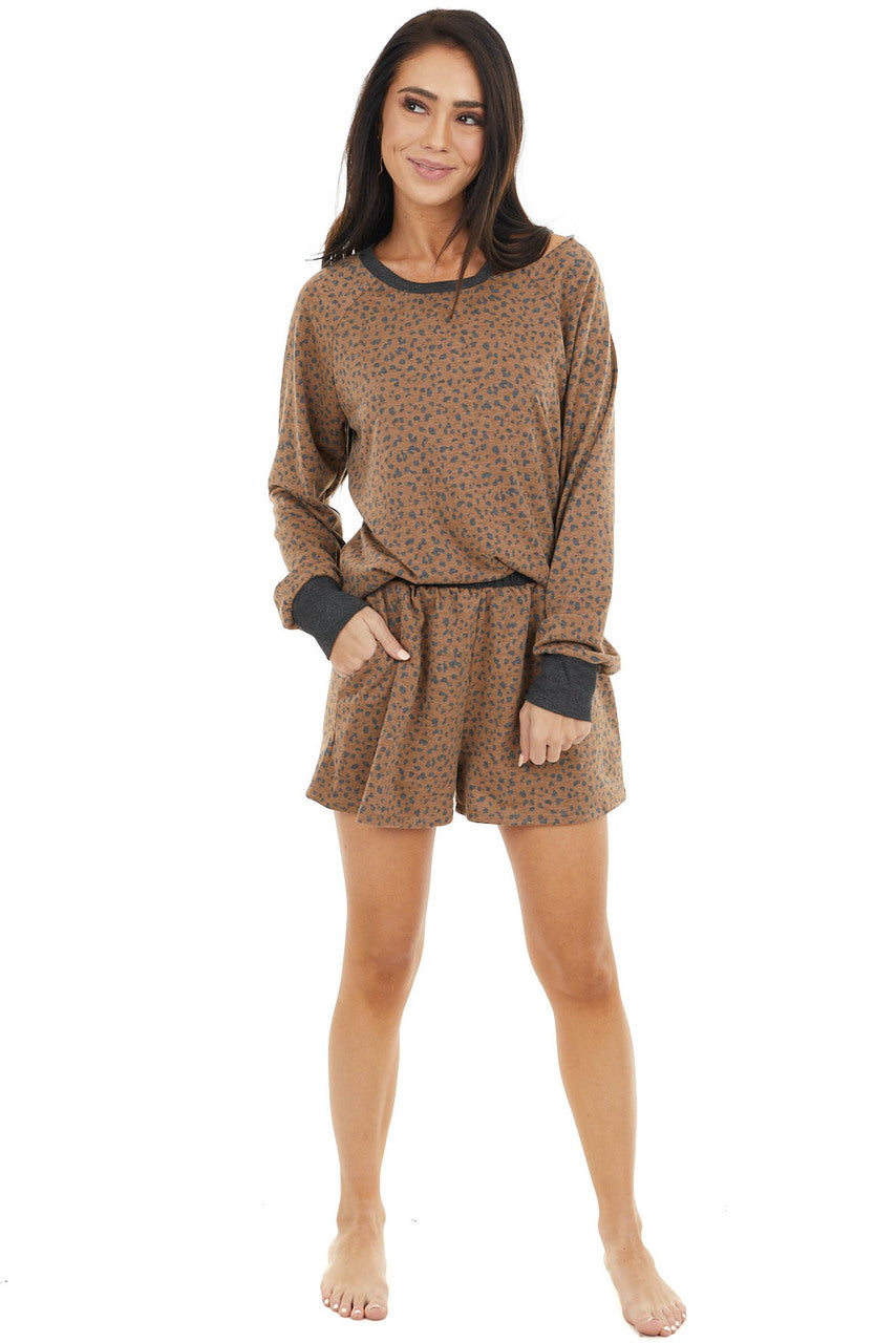 Cognac and Charcoal Leopard Print Top with Cold Shoulder