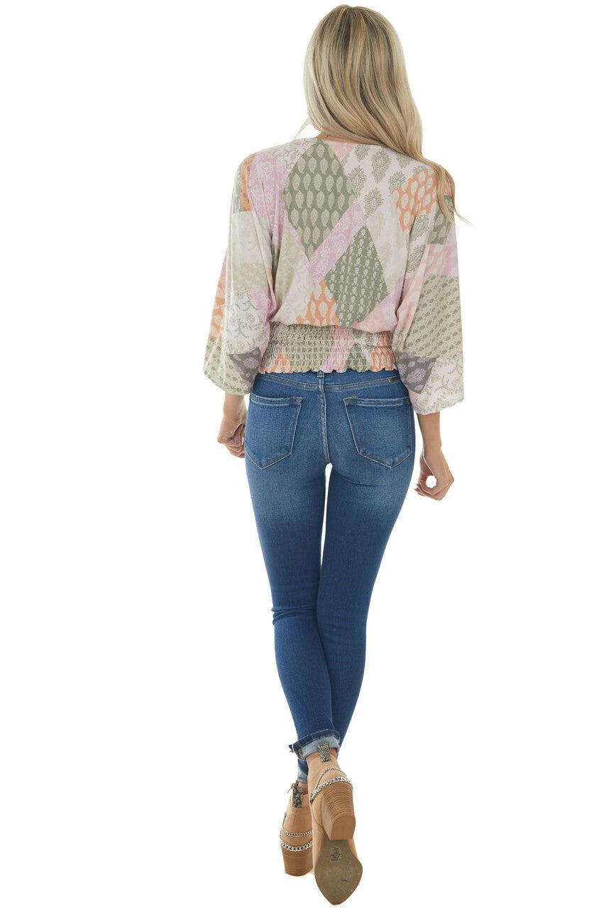 Pink Printed Long Sleeve Surplice Knit Top
