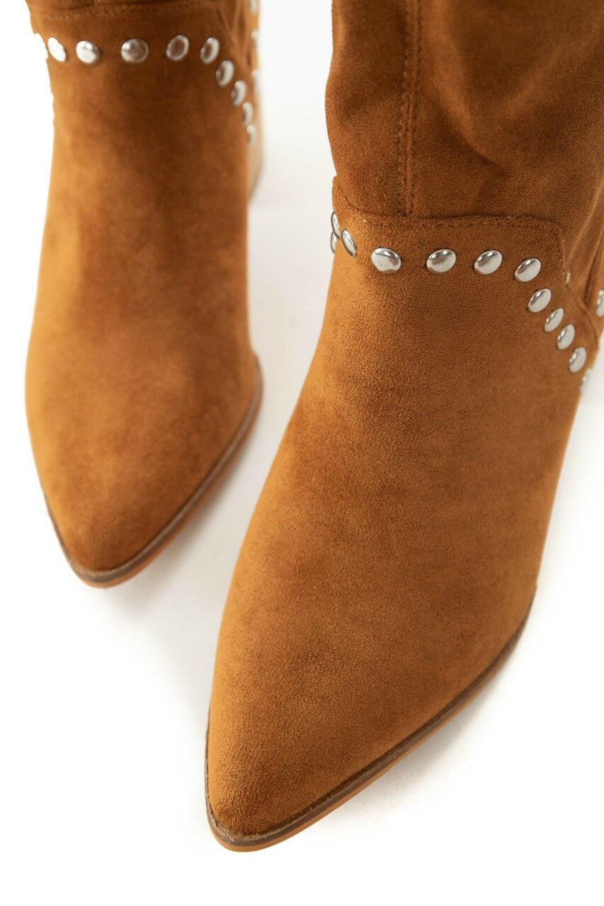 Caramel Suede Pointed Toe Studded Midi Booties