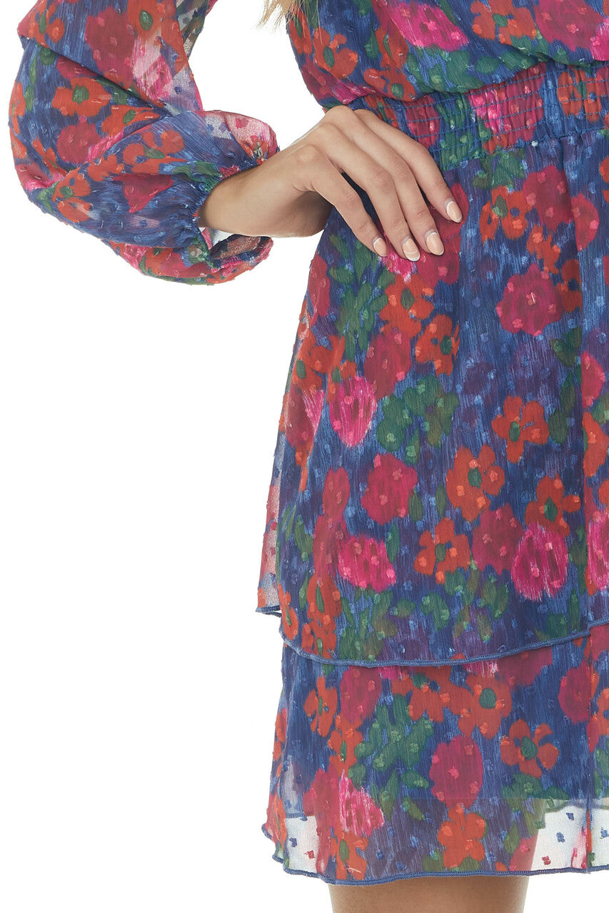 Navy Abstract Floral Swiss Dot Surplice Dress