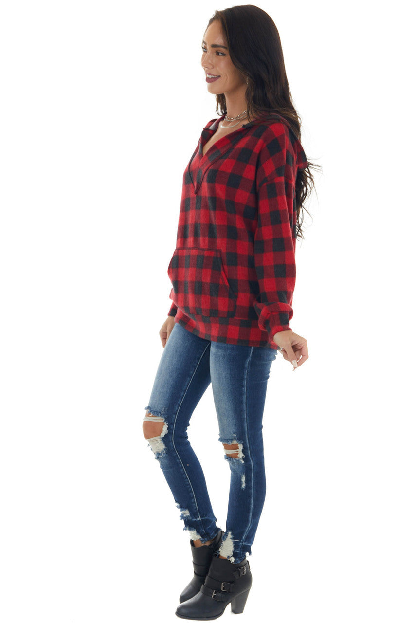 Cranberry and Charcoal Plaid Soft Knit Hoodie
