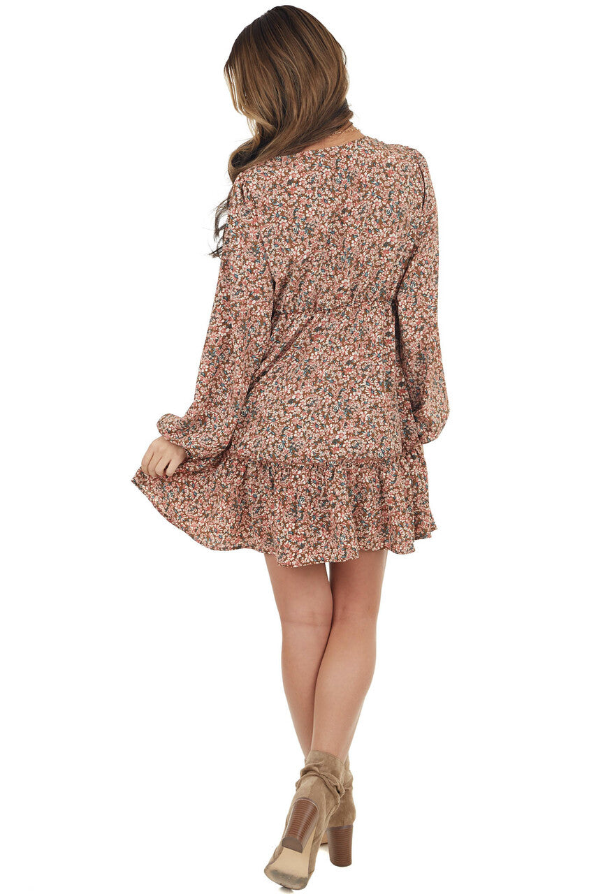 Mocha Floral Print Mini Dress with Cutout Front Tie Detail