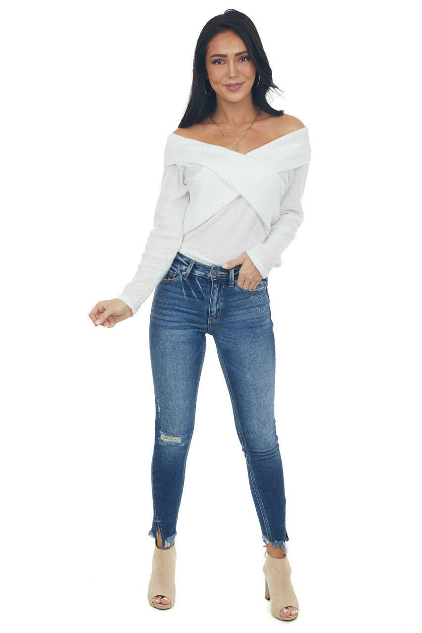 Ivory Criss Cross Brushed Waffle Knit Top
