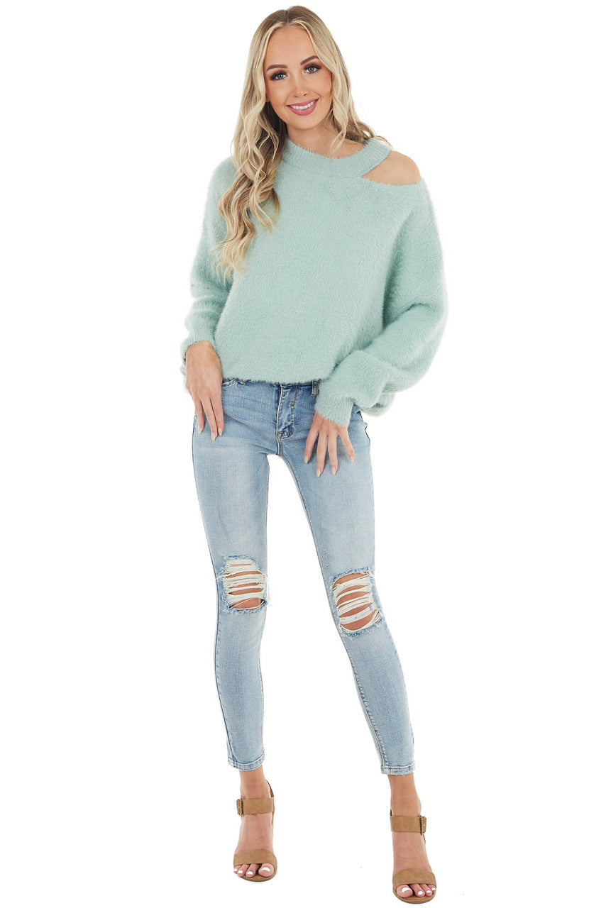 Mint Soft Fuzzy Knit Sweater with Cutout Detail