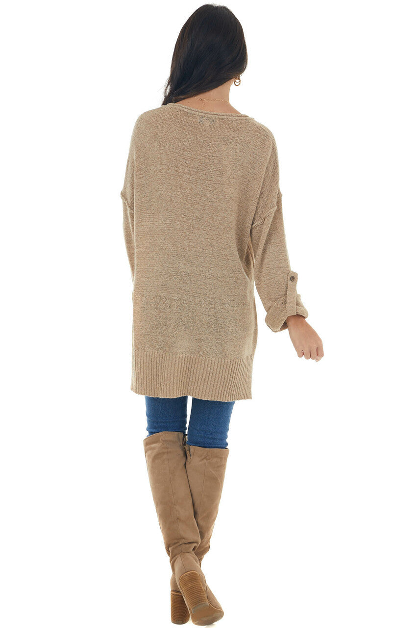 Latte Button Up Rolled Cuff Loose Knit Sweater 