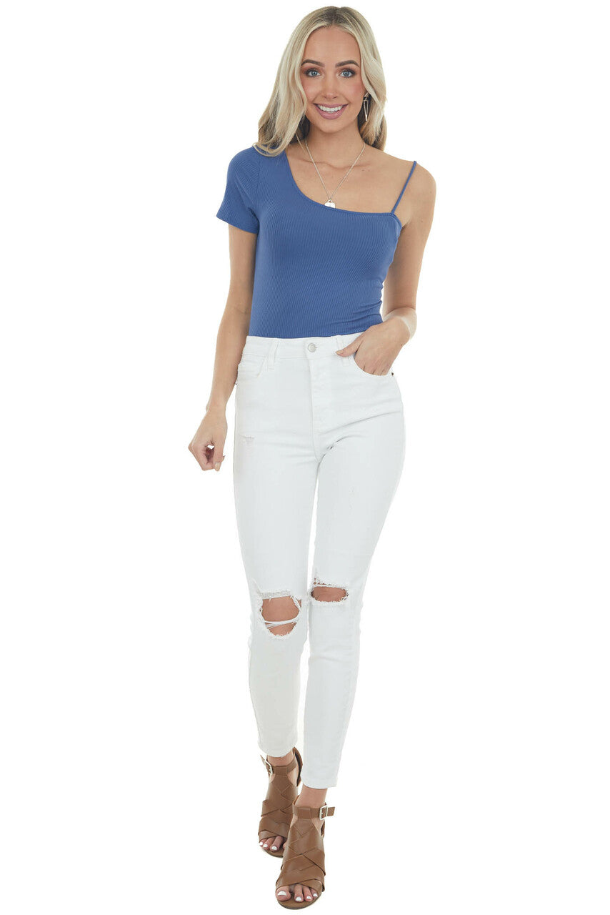 Sapphire Blue Asymmetrical Sleeved Ribbed Knit Bodysuit