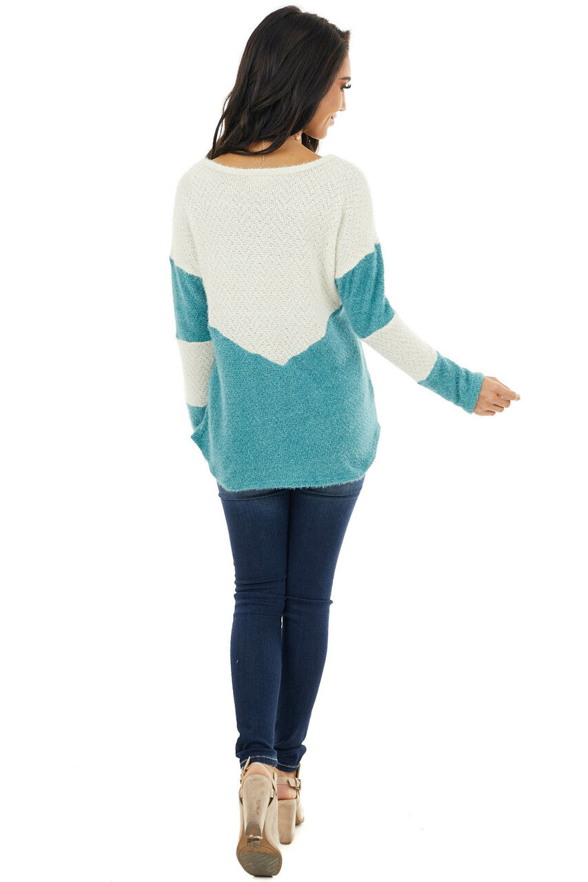 Teal and Cream Colorblock Sweater with Loose Knit Detail
