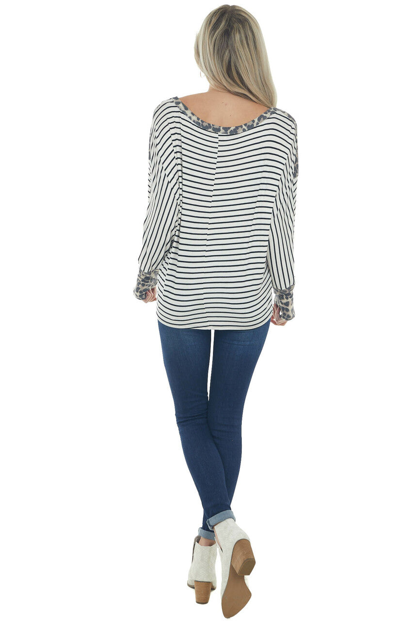 Ivory Stripe Top with Leopard Thermal Knit Detail
