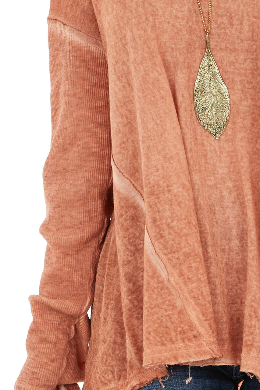 Heathered Terracotta Knit Top with Ribbed Knit Details
