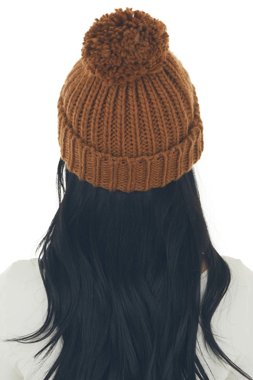 Brown Sugar Pompom Thick Ribbed Knit Beanie