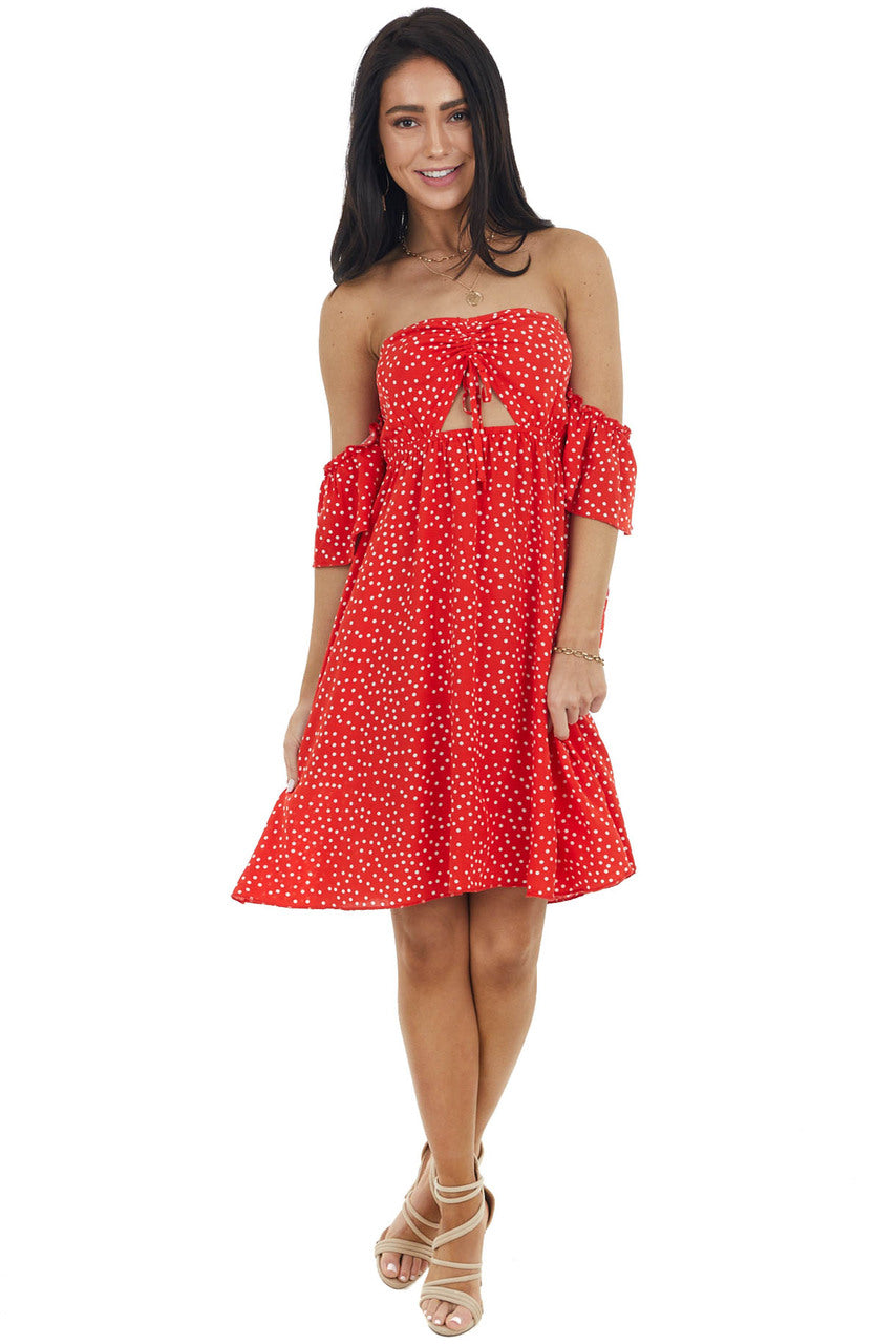 Lipstick Red Polka Dot Off the Shoulder Dress with Ruching