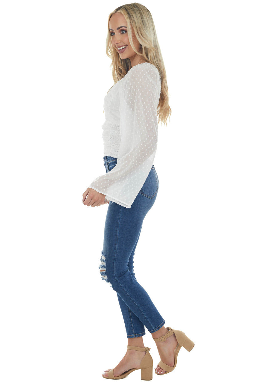 Off White Swiss Dot Ruched Cropped Blouse 