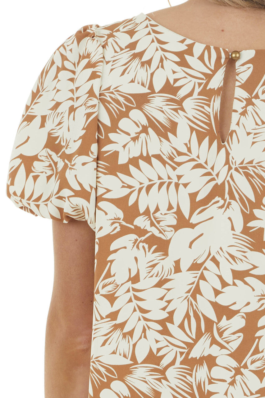 Light Sepia Leaf Print Woven Dress with Short Puff Sleeves