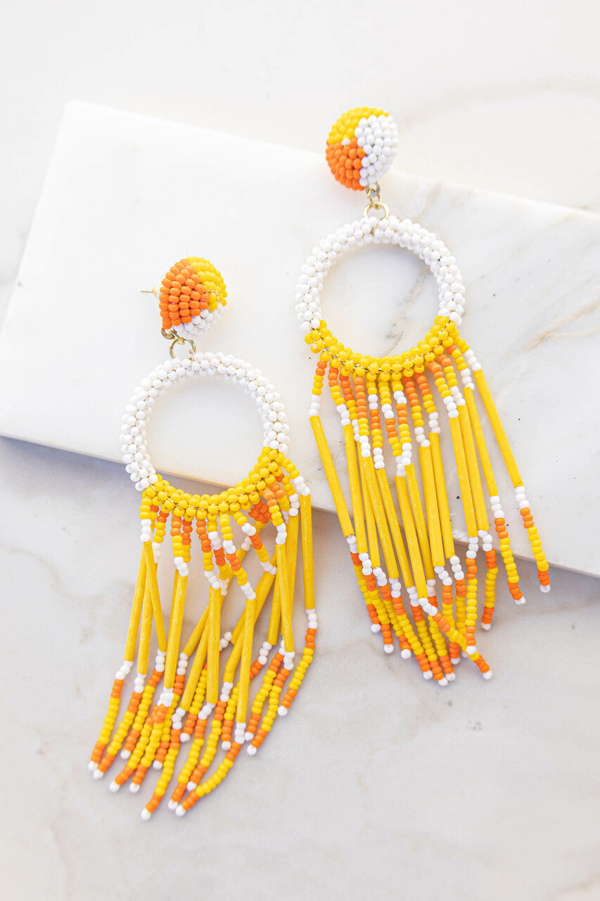 Amber and Off White Seed Bead Dangle Earrings