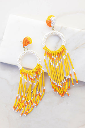 Amber and Off White Seed Bead Dangle Earrings