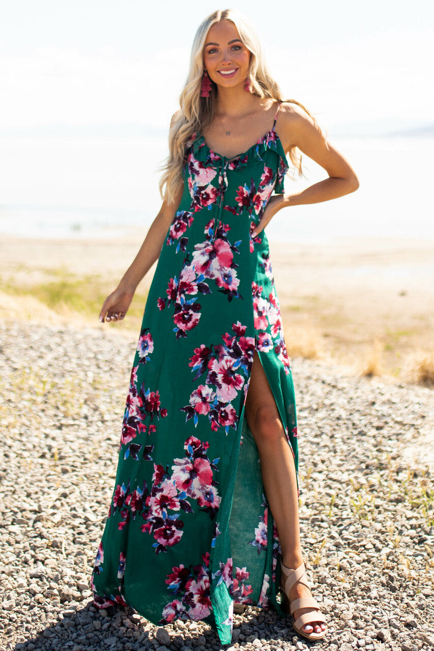 Jungle Green Floral Sleeveless Maxi Dress
