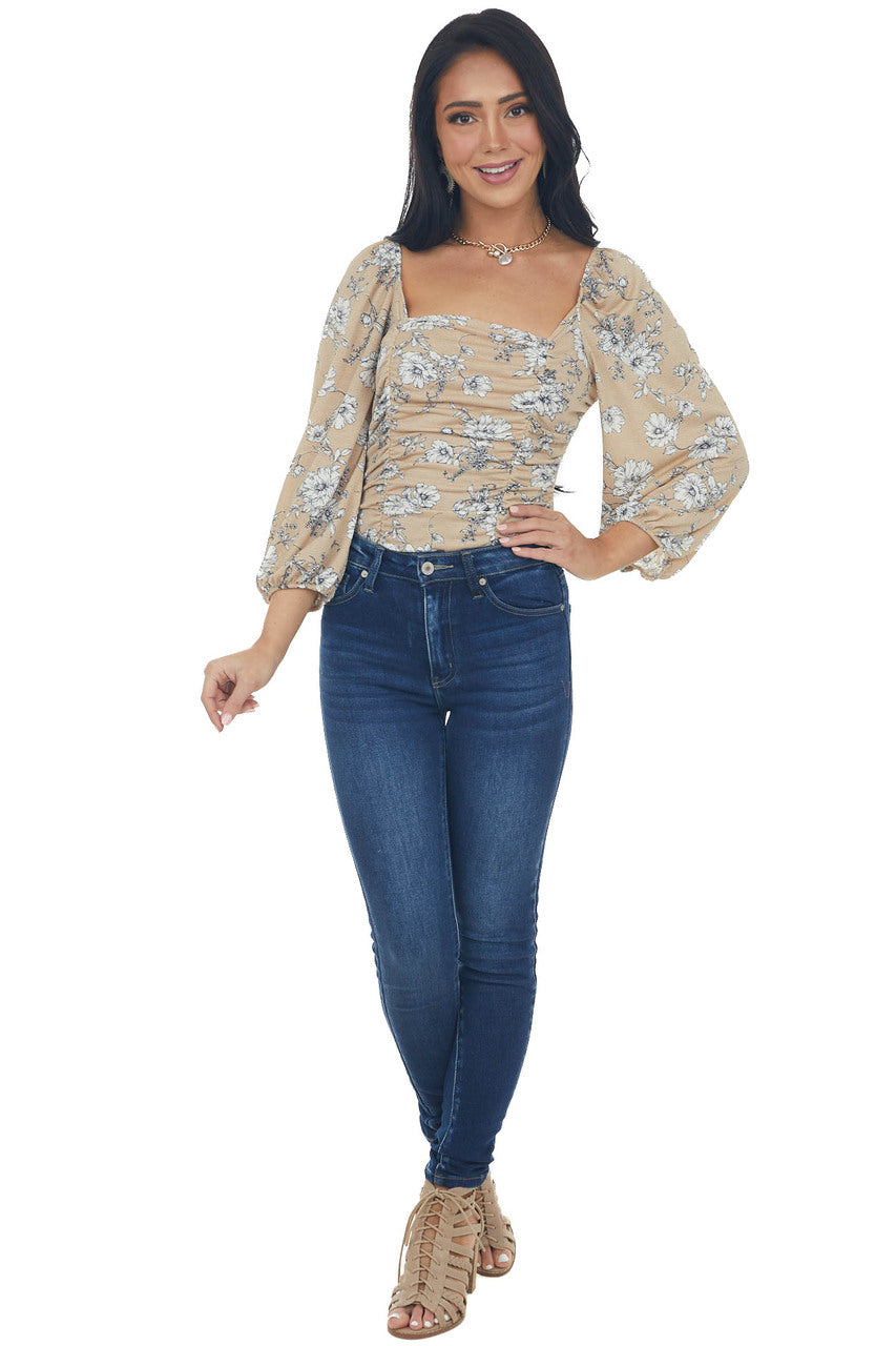 Oatmeal and Ivory Floral Peasant Sleeve Top