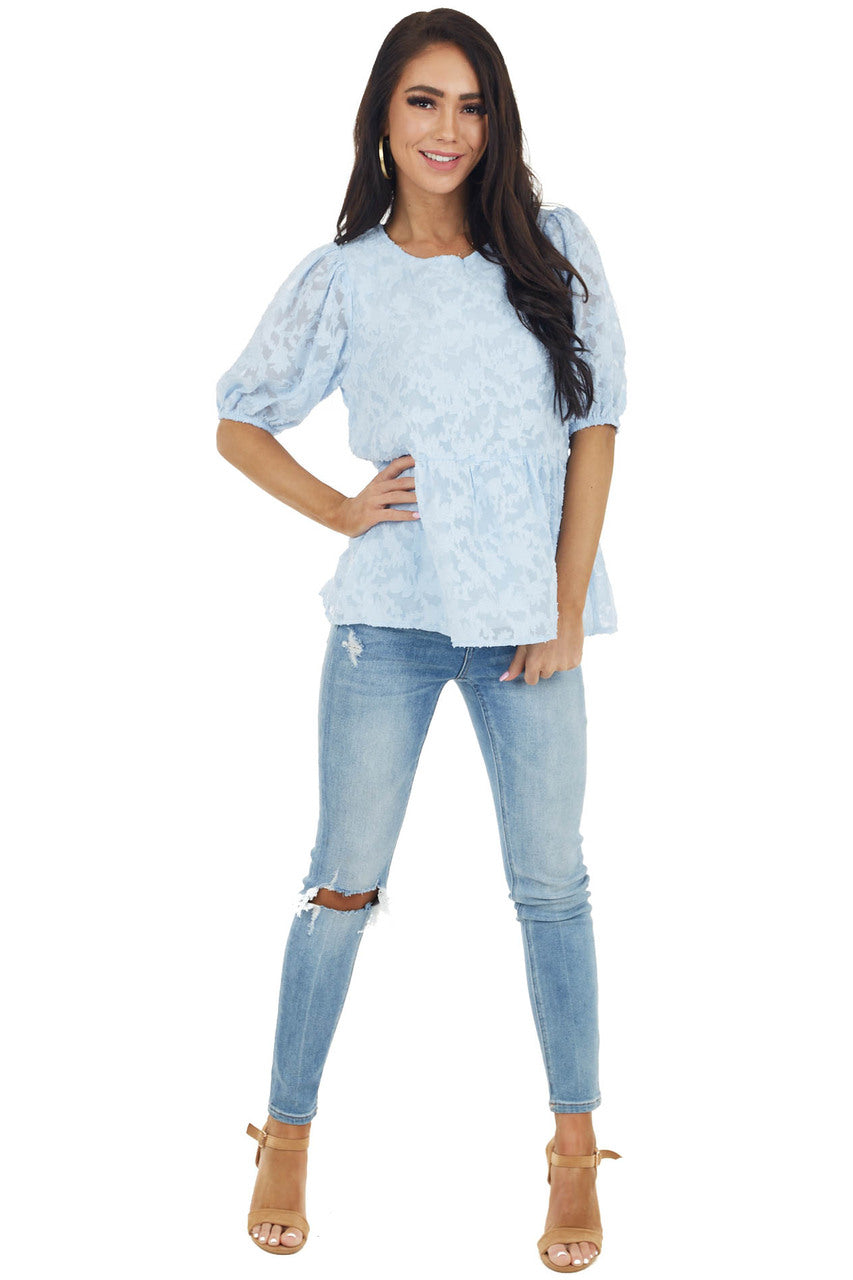 Powder Blue Floral Lace Peplum Top with Short Puff Sleeves
