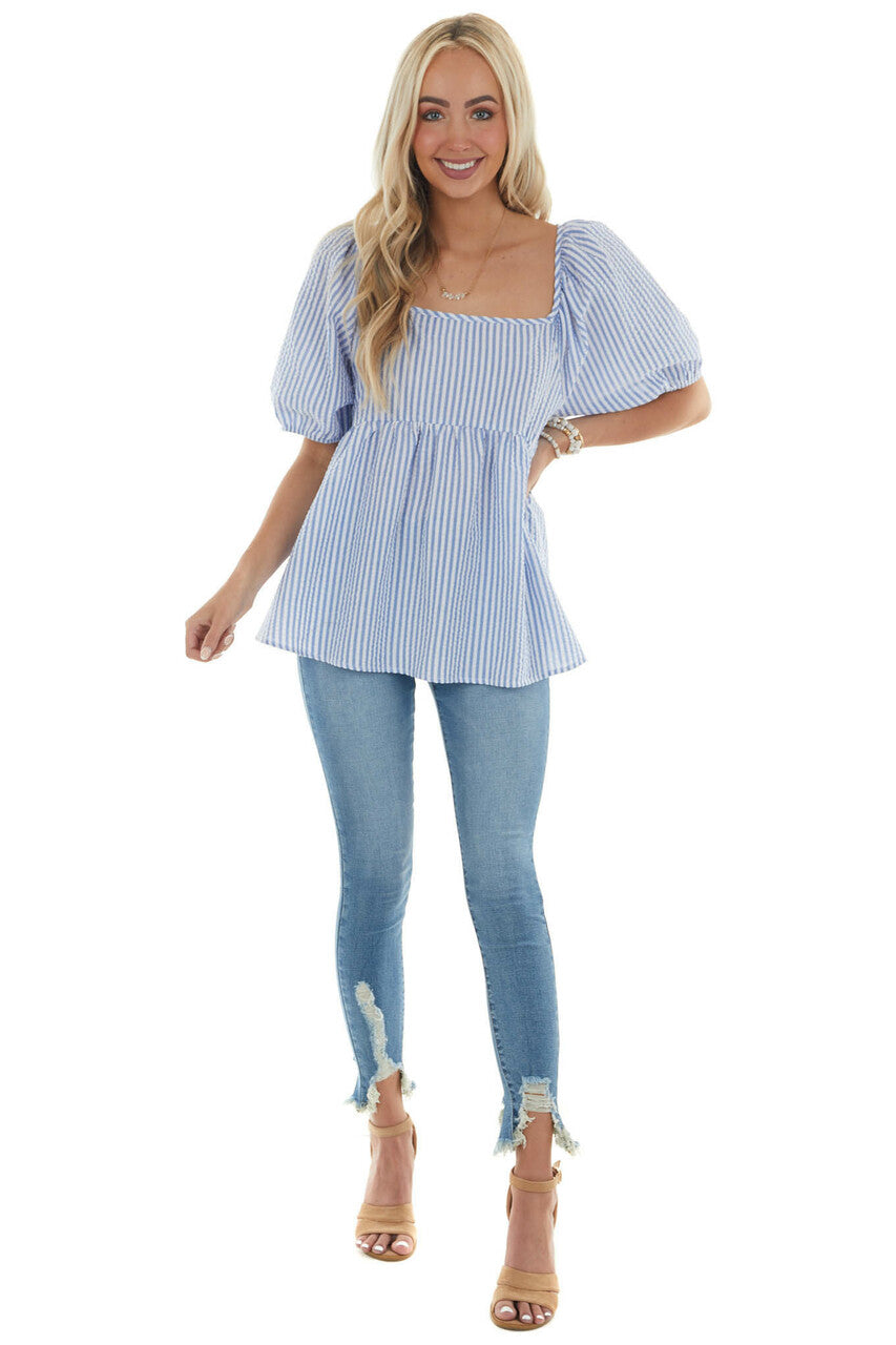 Cornflower Striped Puff Sleeve Babydoll Blouse