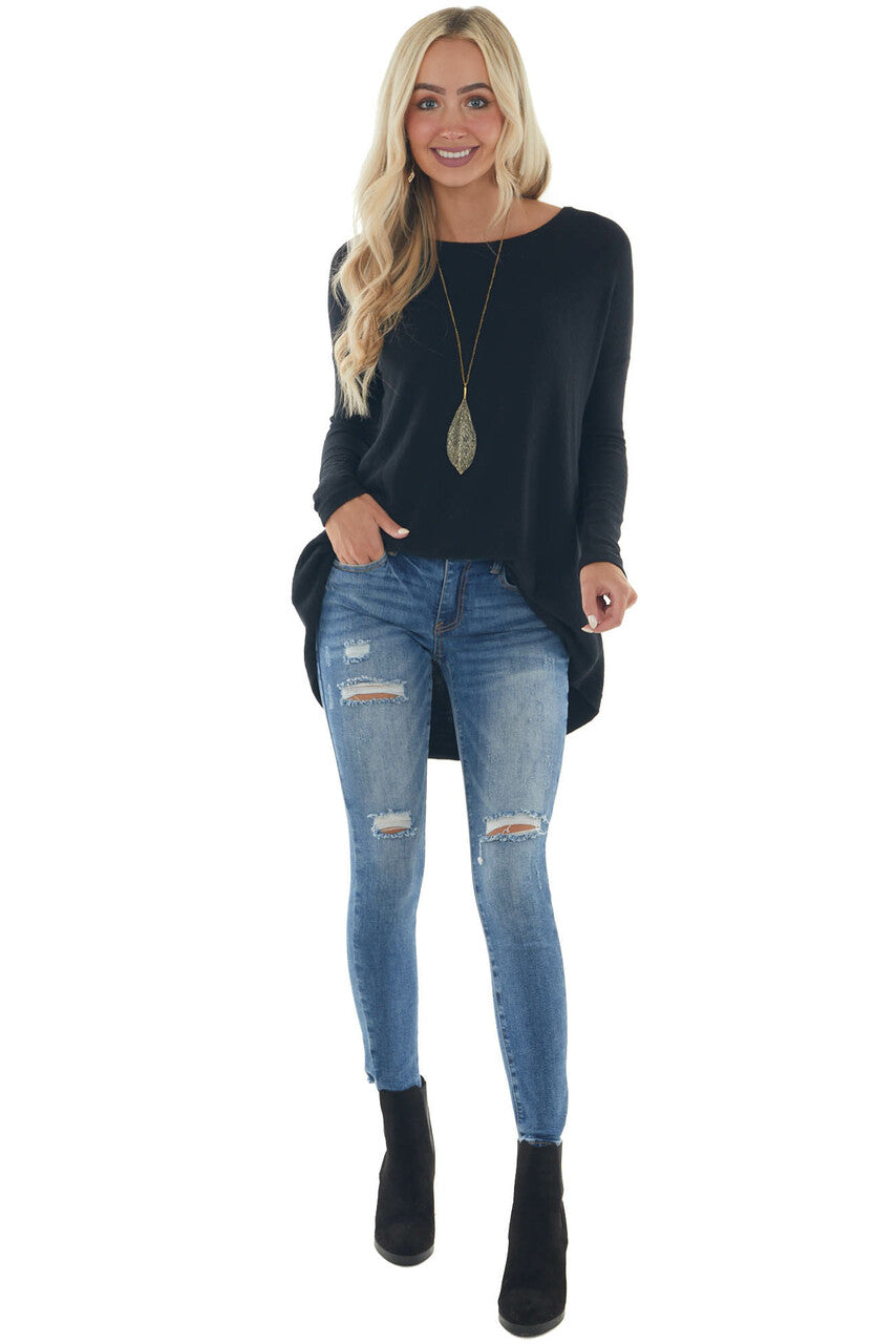 Black Brushed Knit Top with High Low Hemline 