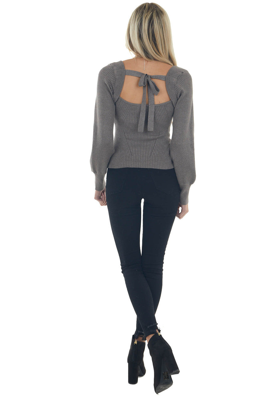 Graphite Grey Square Neck Ribbed Knit Sweater 
