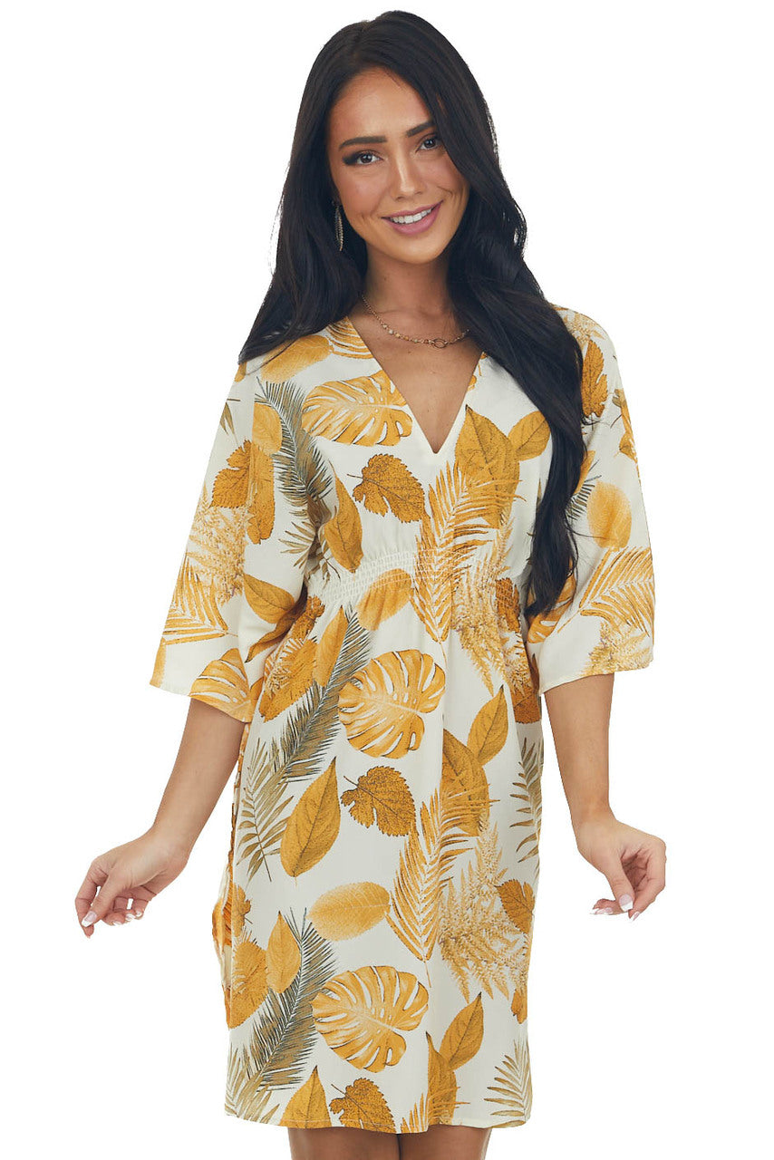 Ivory and Amber Leaf Print Half Sleeve Dress