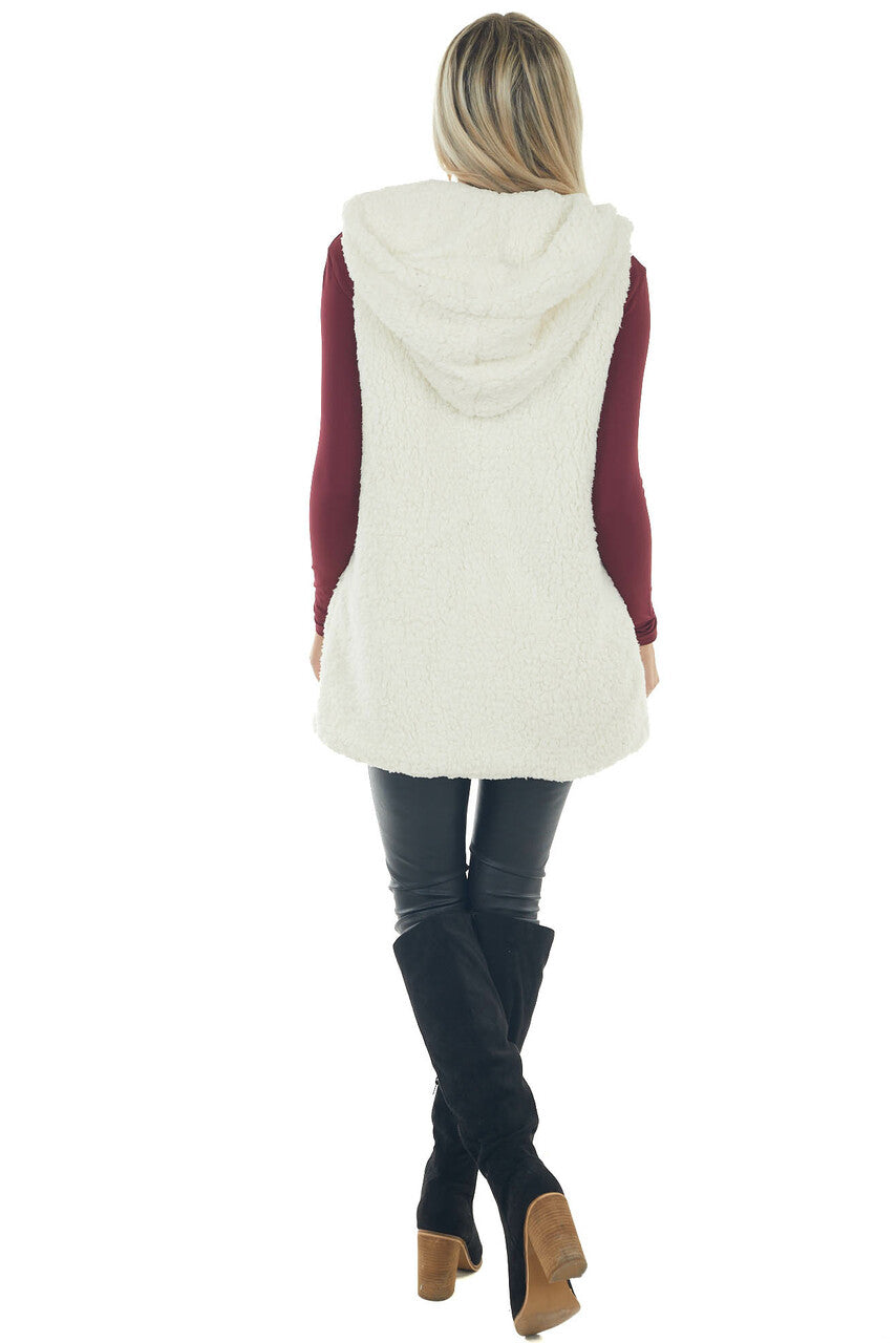 Cream Soft Sherpa Hooded Vest with Pockets