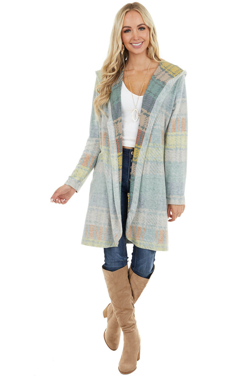Faded Sage Multicolor Plaid Open Front Cardigan with Hood