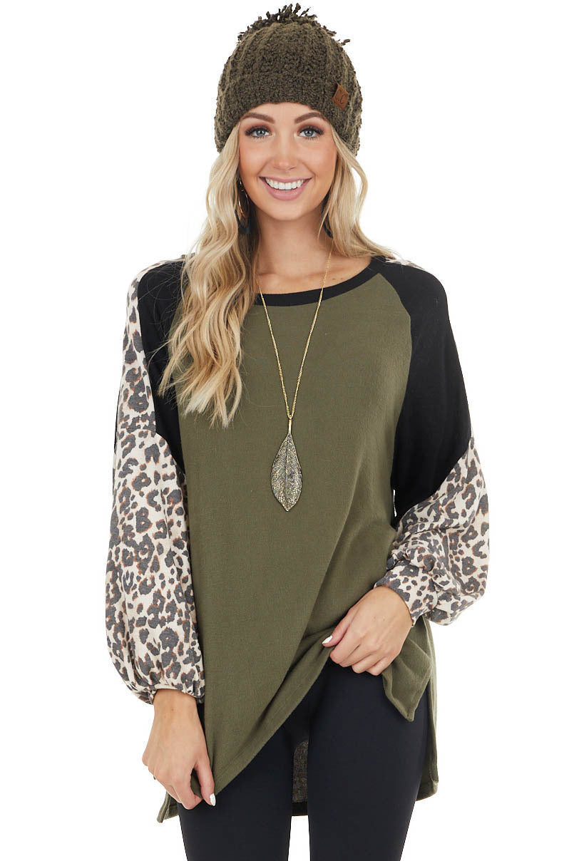 Olive Leopard Print Colorblock Long Sleeve Loose Fit Top
