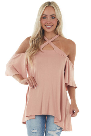 Peach Flutter Sleeve Cold Shoulder Halter Top