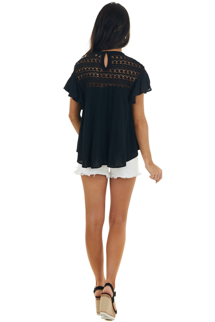 Black Lace Yoke Short Sleeve Ruffle Top
