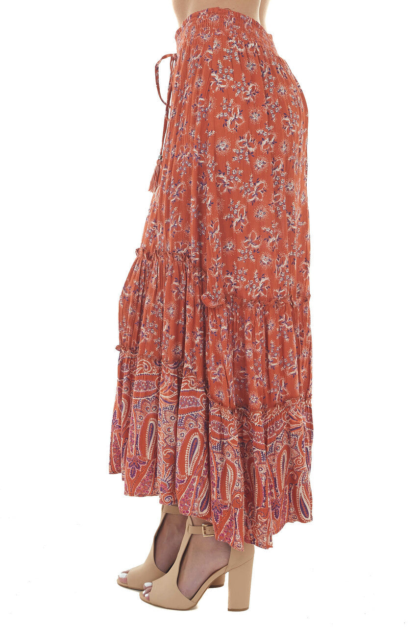 Burnt Orange Floral Smocked Waist Midi Skirt