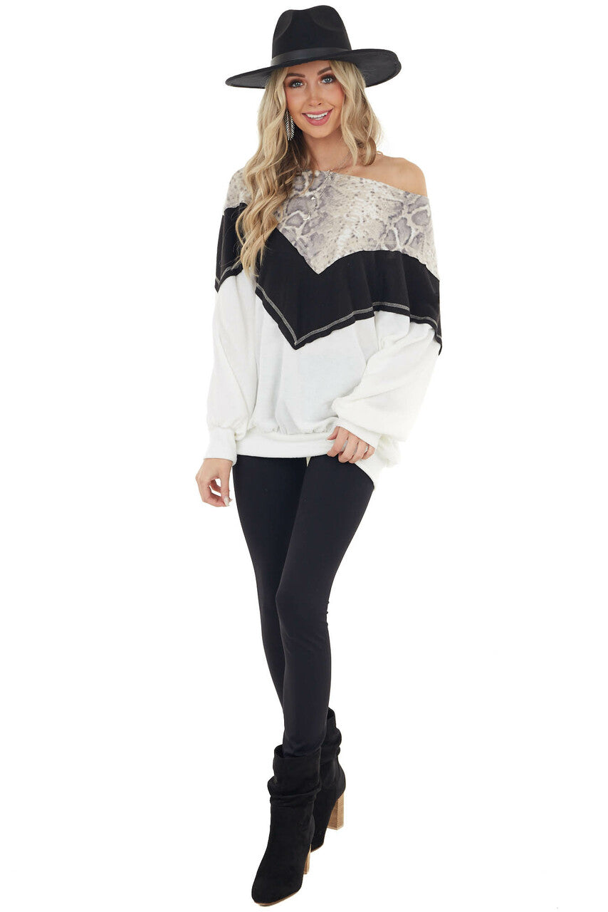 Black and White Long Sleeve Top with Animal Print Contrast