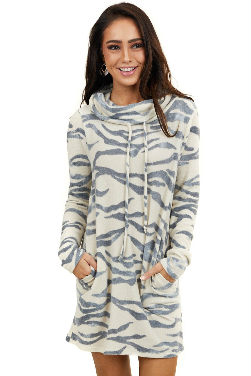 Cream and Stormy Grey Zebra Print Dress with Cowl Neckline 