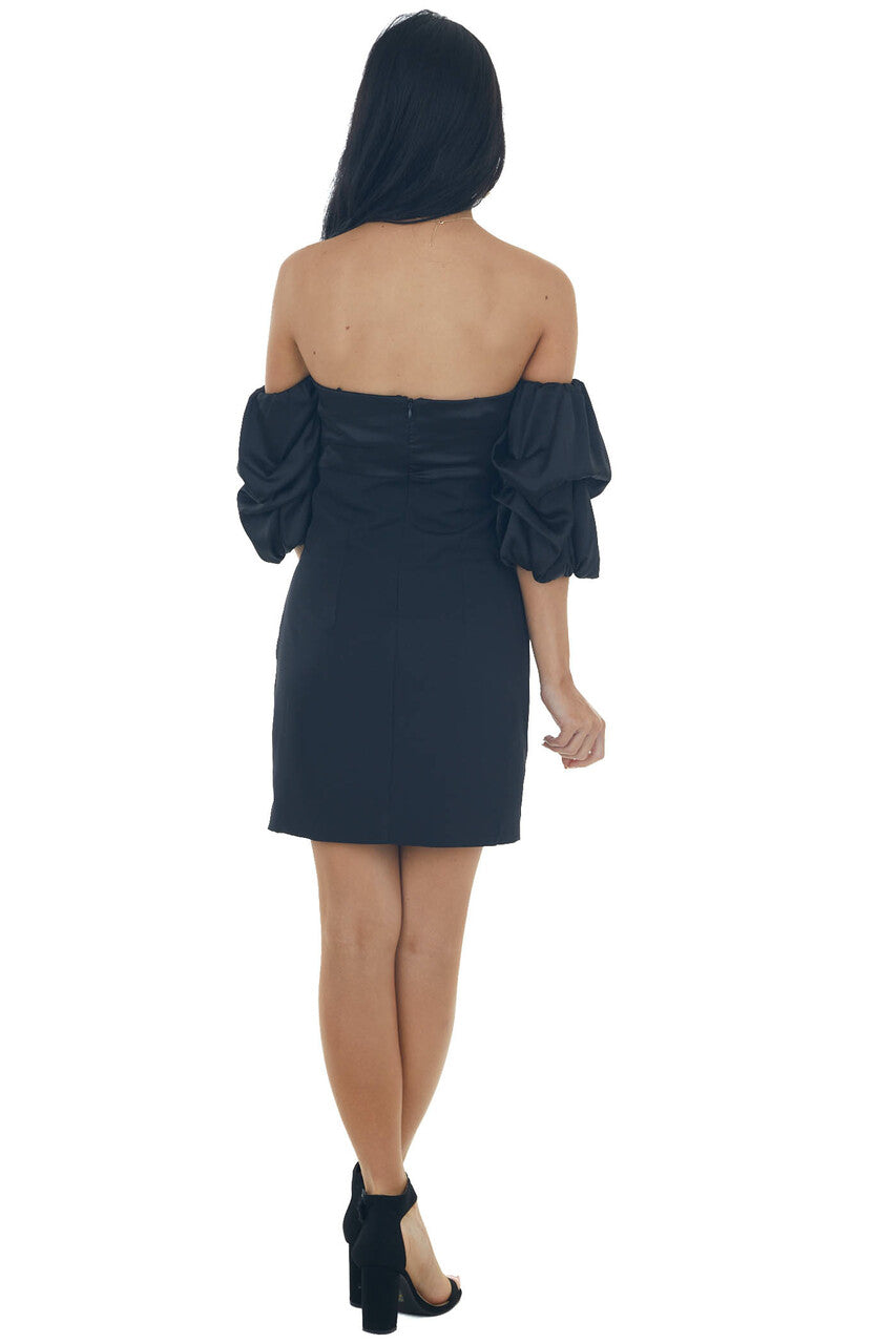 Black Ruched Bust Mini Dress with Puff Sleeves