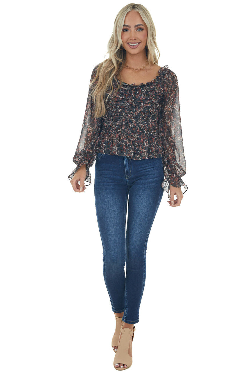 Black Paisley Print Smocked Back Peplum Blouse
