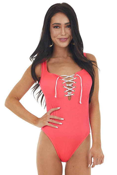 Hot Pink Ribbed Open Back Solid Swimsuit with Lace Up Front