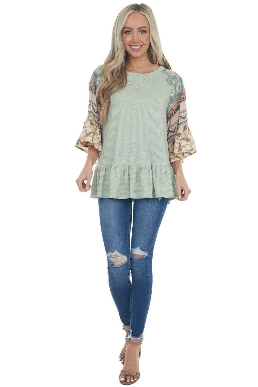 Sage Multiprint Ruffled Hem Waffle Knit Top 