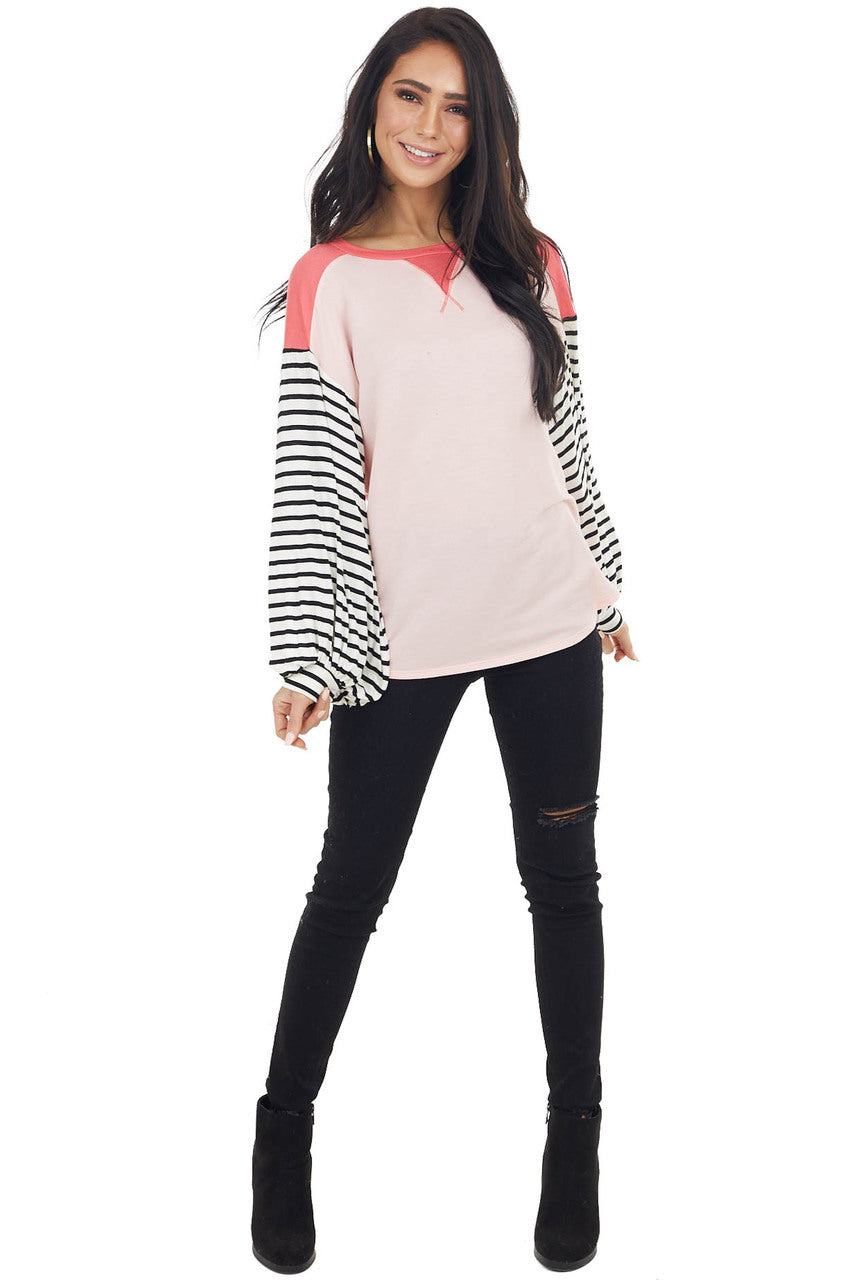 Blush and Coral V Stitch Knit Top with Striped Puff Sleeves